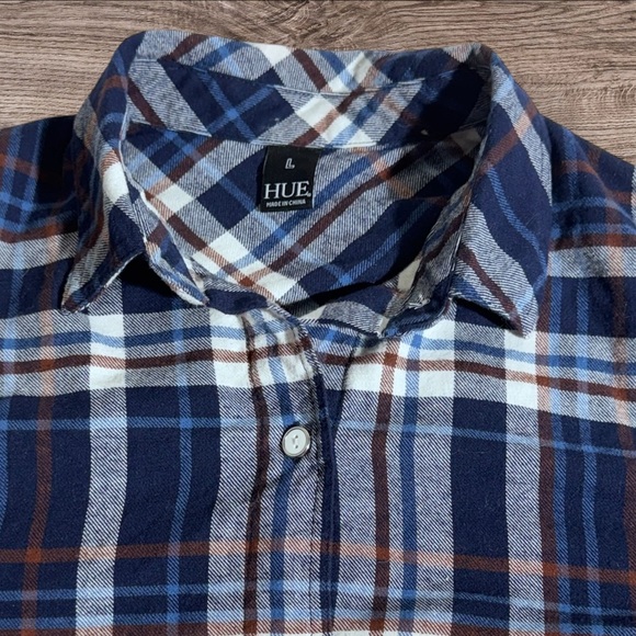HUE Navy and White Plaid Button Down Long Sleeve Shirt - Picture 8 of 8